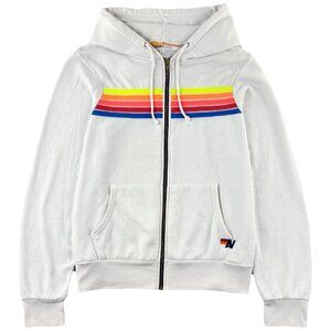 Aviator Nation 5 Stripe Relaxed Zip Hoodie Unisex L White Neon Rainbow 70s Sport